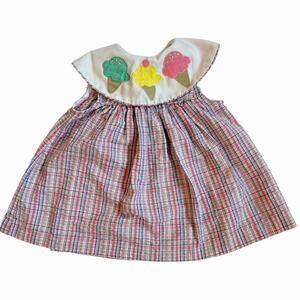 Vintage Samara Girls Sleeveless Seersucker Plaid Dress Icecream Cones 24M